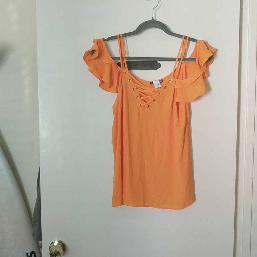 Express mustard drop shoulder chiffon lace accent top size s